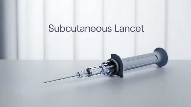 Subcutaneous lancet syringe with needle on gray surface in front of white background  medical equipment for injecting medication or drawing blood