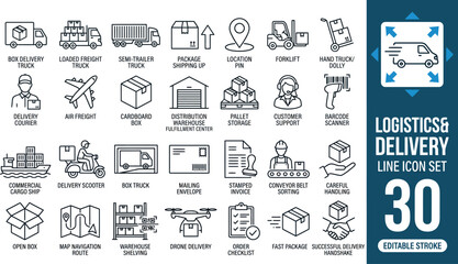 Logistics delivery line icon set featuring shipping cargo truck, warehouse freight box, courier distribution service, and order tracking map vector symbols © Drow Dx