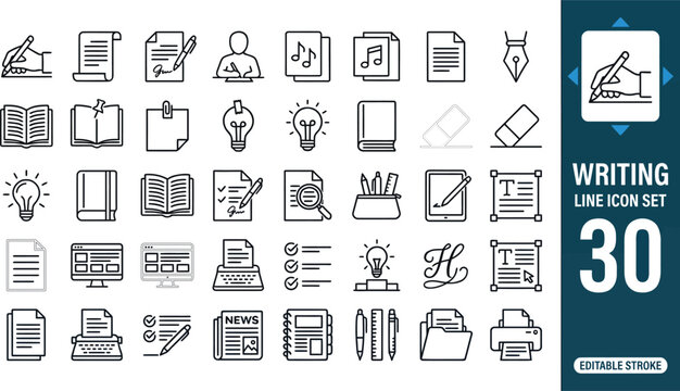 Writing line icon set featuring copywriting, blogging, content creation, author, pen, notebook, and editing. Professional editable vector illustration for notes app and UI UX design.