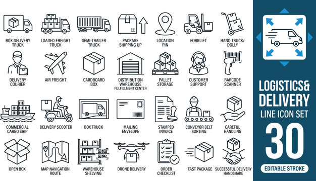 Logistics delivery line icon set featuring shipping cargo truck, warehouse freight box, courier distribution service, and order tracking map vector symbols