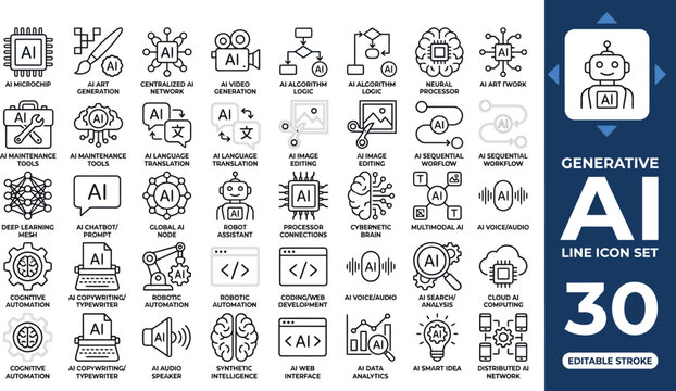 Generative AI line icon set featuring artificial intelligence, machine learning, chatbot, neural network, creativity, robot, and automation. Professional editable vector illustration