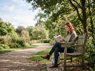 Fototapeta premium Peaceful Outdoor Reading on Park Bench in Morning Light