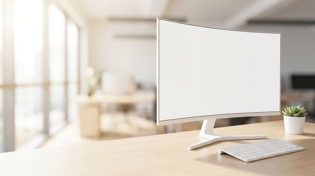 Modern desktop computer with blank screen on bright office desk for workspace technology and business productivity concept