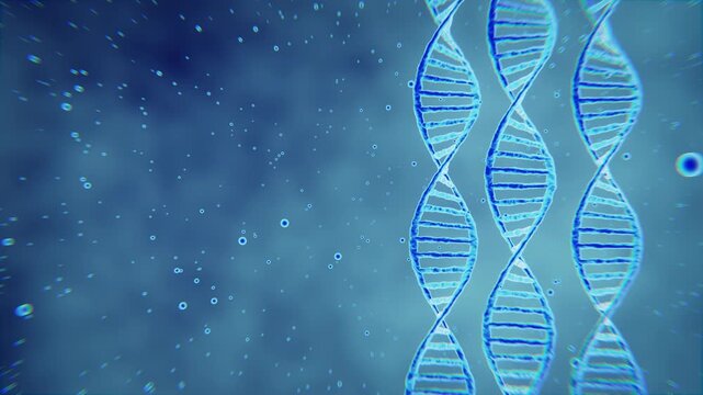 Glowing Blue 3D Deoxyribonucleic Acid Spiral Structure with Luminous Microscopic Particles