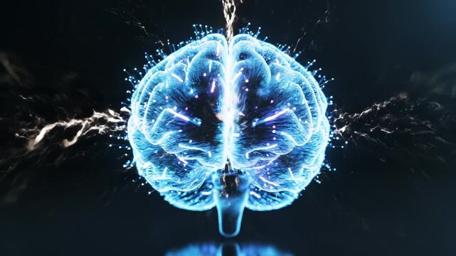 Blue glowing brain with neural connections symbolizing digital transformation and future innovation