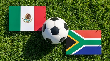 Mexico and South Africa, Soccer Match Background with Flat National Flags and Football on Green Grass Field, 11 June, 2026