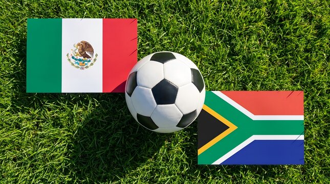 Mexico and South Africa, Soccer Match Background with Flat National Flags and Football on Green Grass Field, 11 June, 2026