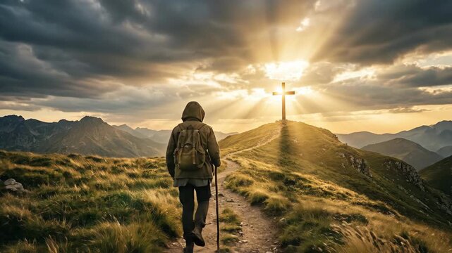 Man hiker walking on mountain path towards cross. Traveler trekking to hilltop under bright sunset rays. Pilgrimage, faith and spiritual journey in nature landscape.