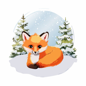 Aquarell-Fuchsbaby im Winter