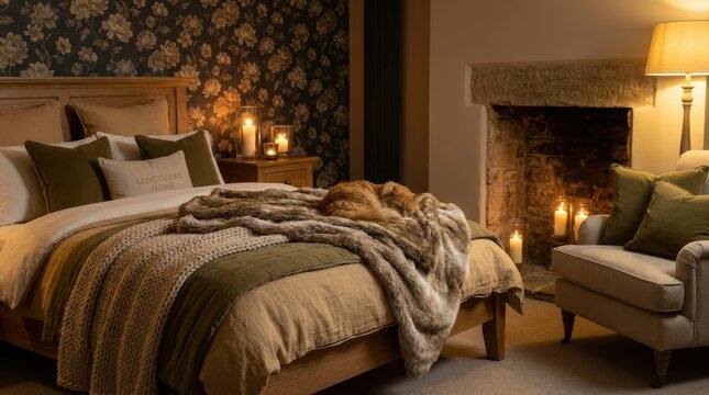 Cozy bedroom scene with sleeping cat and warm candlelight creating a peaceful ambiance