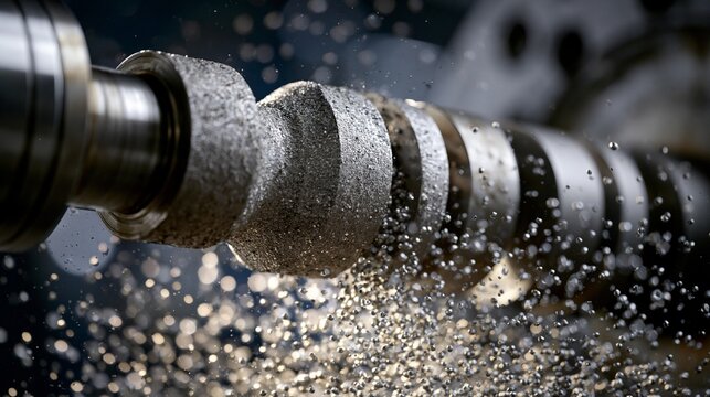 Medium shot of a crankshaft undergoing precise shot peening highlighting enhanced durability and surface stress relief for improved engine performance and longevity.