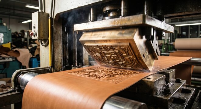 Heavy automated brass heated press stamping a pattern onto raw leather