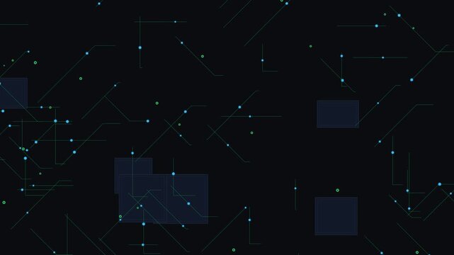 Futuristic network data grid, glowing blue and green nodes and square frames move in seamless loop, dark digital background with light trails, symbolizing connectivity and scalable analytics