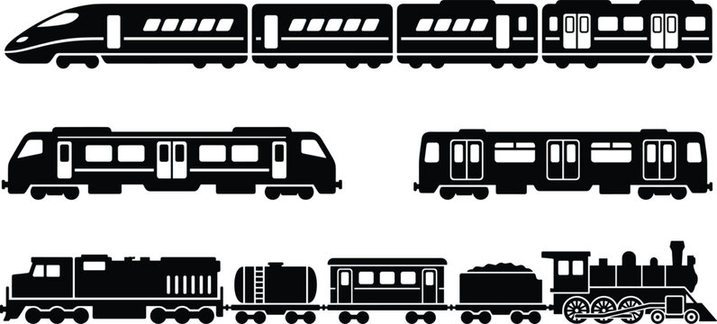 Train Silhouette Set with Modern Bullet Locomotive Steam Engine Subway and Passenger Rail Transportation Symbols for Transit Logistics and Travel Graphic Designs