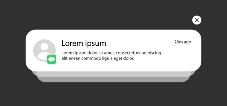 iOS smartphone Push Notification, Message Alert Popup with User Avatar. Vector Illustration