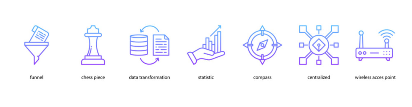 Data Strategy web banner icon vector illustration featuring Funnel, Chess Piece, Data Transformation, Statistic, Compass, Centralized, and Wireless Access Point.