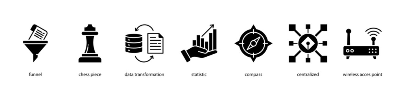 Data Strategy web banner icon vector illustration featuring Funnel, Chess Piece, Data Transformation, Statistic, Compass, Centralized, and Wireless Access Point.