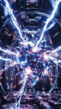 Futuristic Energy Core Emanating Electric Blue and Pink Rays - A highly detailed, abstract futuristic energy core at the center of a complex technological structure.