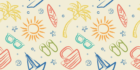 Seamless Pattern with Doodle Hand Drawn Summer Elements. Summer Print. Trendy Vacation Travel Summer Vintage Whimsical Doodle Elements in Seamless Background Travel Beach Design in Pencil Doodle Style © T. Lusin