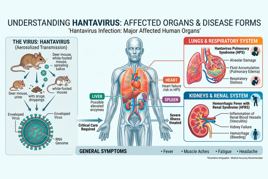 A detailed educational medical infographic explaining the transmission pathways and major affected human organs caused by hantavirus infection