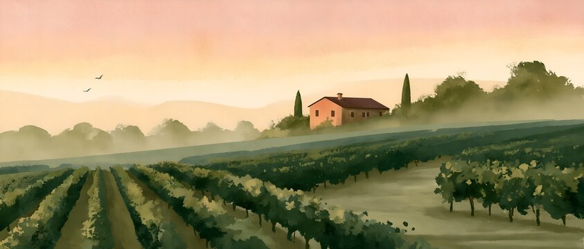 Soft pastel sunrise lights vineyard rows leading to rustic house