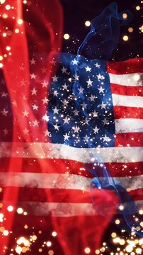 Abstract American Flag with Bokeh Lights and Smoke Effect - An artistic and abstract representation of the American flag features swirling red and blue smoke-like textures overlaid with glowing bokeh
