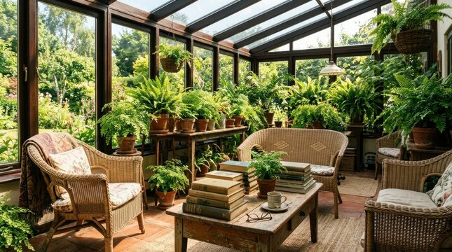 Cozy sunroom filled with lush green ferns and comfortable wicker furniture