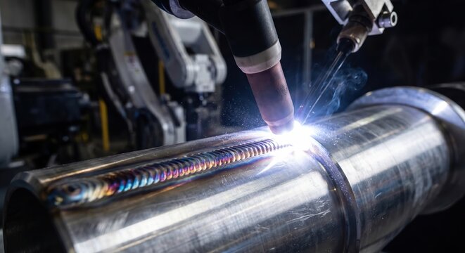 Robotic TIG welding torch laying down a symmetrical stack of dimes bead