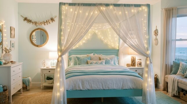 Serene beach bedroom with canopy bed and ocean view at twilight