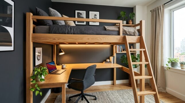 Modern wooden loft bed with integrated desk and workspace