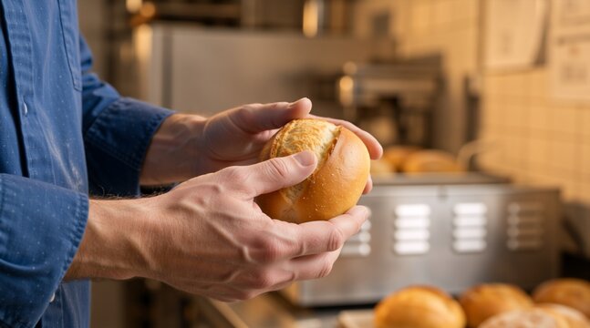 Close up of hands holding a freshly baked crusty bread roll. Person presenting a golden brown bun in a bakery. Artisan baking and food quality concept