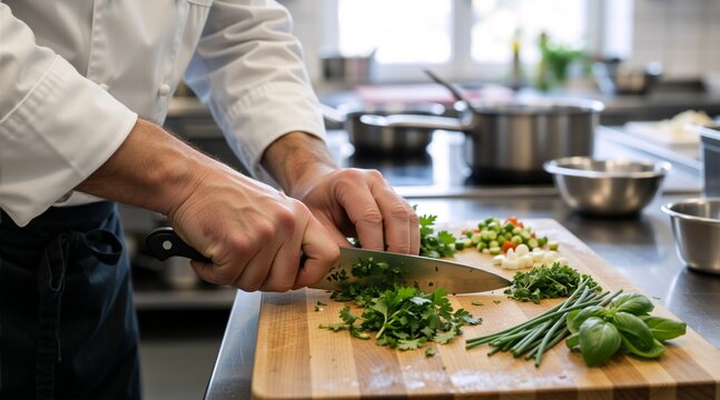 Close up of a chef chopping fresh green herbs on a wooden cutting board. Professional cook mincing parsley and cilantro in a kitchen. Culinary skills and food preparation concept