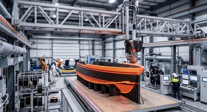 Massive gantry-style industrial 3D printer building a curved boat hull