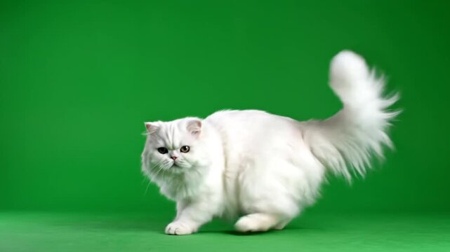 Adorable white cat standing on hind legs on green background