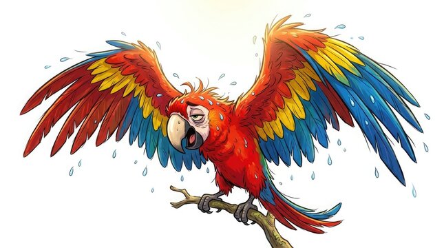 Cartoon macaw parrot with droplets colorful illustration