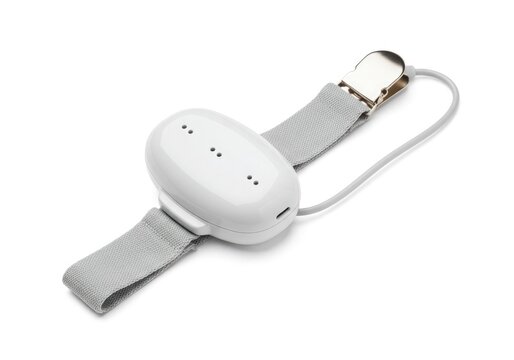 White Bedwetting Alarm Sensor with Grey Elastic Strap and Metal Clip Isolated on White Background