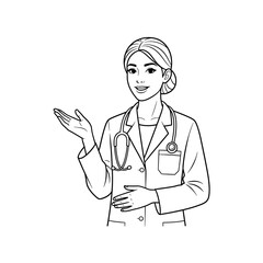 Fototapeta premium Friendly and Professional Young Female Doctor in Lab Coat with Stethoscope Confidently Gesturing, Representing Healthcare Expertise and Patient Guidance in Line Art Illustration