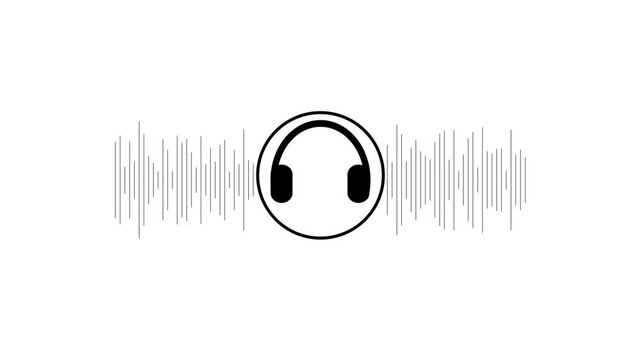 Black color headphones icon with moving audio waveform spectrum on white background, digital sound equalizer bars for music and podcast 4k loop.