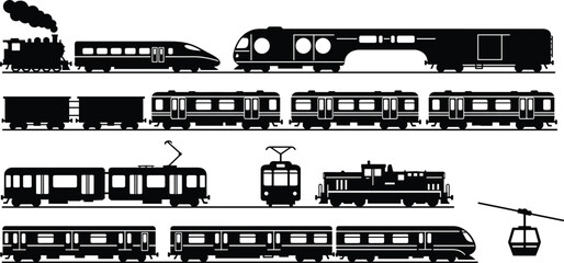 Rail transport silhouettes, train subway tram vector art, locomotive cable car illustration, transit design icons, black graphic transportation artwork elements © MDMAHOMUDUL
