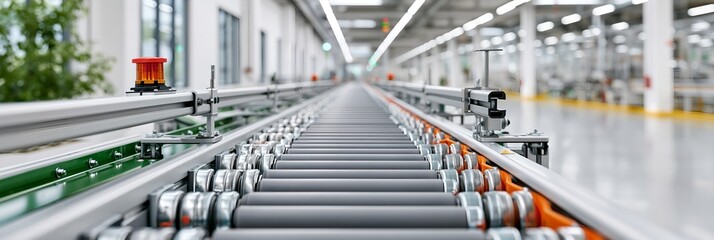 Fototapeta premium Long conveyor belt runs through industrial facility.