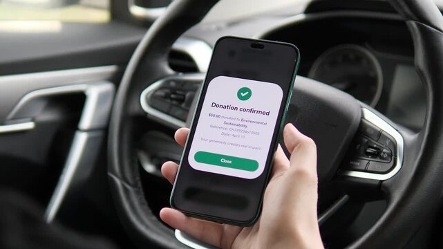 Seamless mobile donation interface on a smartphone. Close-up of confirmed charitable payment for eco-causes. High-impact footage for financial tech, social responsibility, and digital banking promos. 