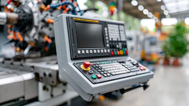 Industrial machine control panel with keypad and screen.