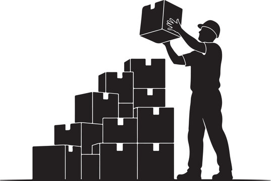Man placing box on stack of boxes stacking silhouette black