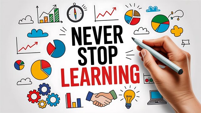 Never stop learning motivation concept with educational icons and hand writing on creative background