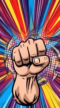 Comic Style Fist Punch Pop Art Illustration with Speed Lines - A dynamic comic book style illustration features a clenched fist mid-punch, set against a vibrant burst of colorful anime-style speed