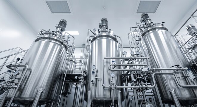 Three towering polished stainless steel mixing bioreactors in a modern plant