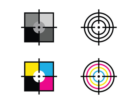 Printing Registration Marks and CMYK Color Target Icons Set, Prepress Alignment Vector Illustration