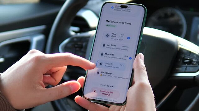 Underground hacker sends simulated fake messages from a hijacked mobile database. Intense visuals of identity theft and social engineering. Ideal for tech thrillers, news segments on cybercrime, and