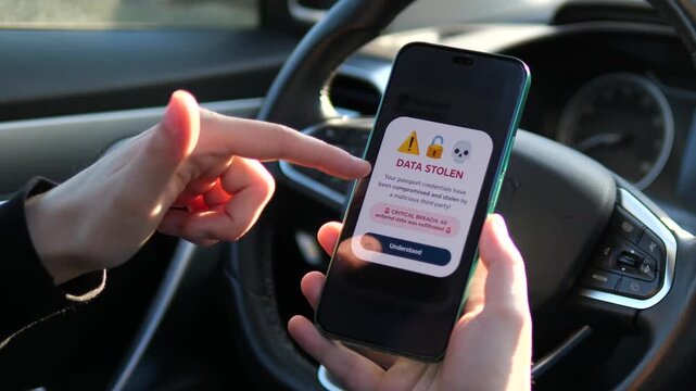 High-quality mobile UI showing a malicious hack notification. Warning about compromised credentials and data exfiltration. Perfect for IT security training, banking fraud awareness, and cybercrime