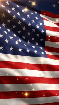 Waving American Flag with Glittering Stars and Stripes for Patriotic Events - A close-up shot of the American flag waving dynamically, with sparkling stars and shimmering stripes.